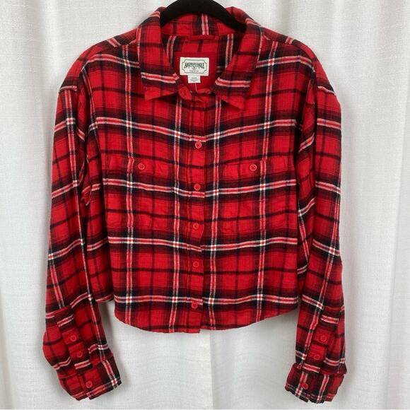 American Eagle Red Plaid Flannel Button Front Cropped Shirt Sz.M NWT - Picture 4 of 12